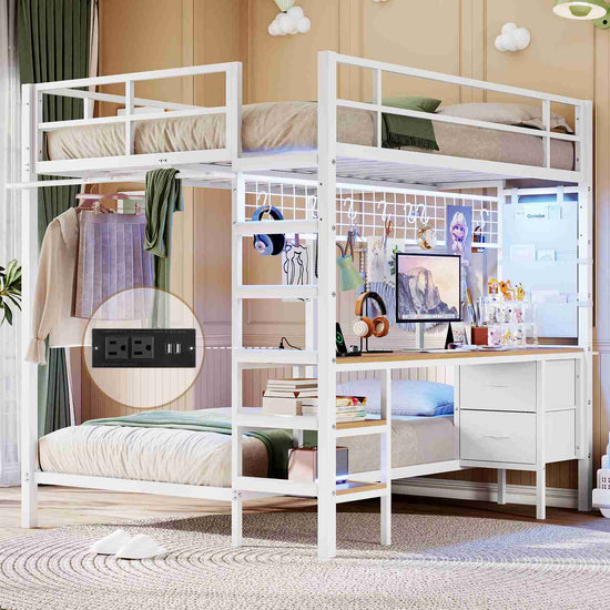DICTAC | Full Over Twin Bunk Bed with Desk, Storage Drawers, LED Lights & Charging Station, Metal Bunk Bed with Stairs (Black)