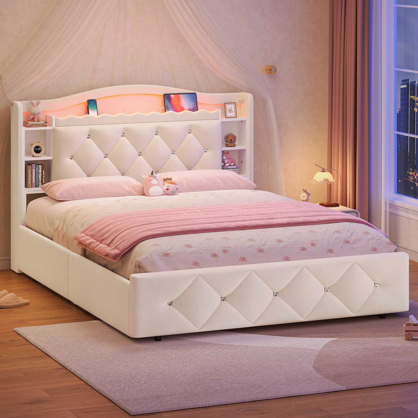 DICTAC | Twin/Full Princess Bed Frame with Storage Drawers, LED Lights, Bookcase Headboard & Charging Station, Beige Velvet Upholstered Bed,Beige