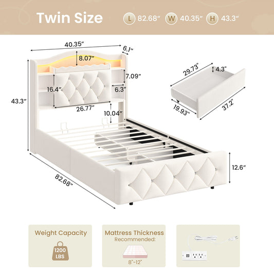 DICTAC | Twin/Full Princess Bed Frame with Storage Drawers, LED Lights, Bookcase Headboard & Charging Station, Beige Velvet Upholstered Bed,Beige
