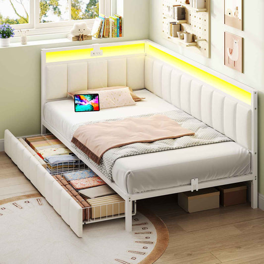 DICTAC | Corner Bed Frame with Storage Drawers, LED Lights & Charging Station, Upholstered Daybed (Beige)