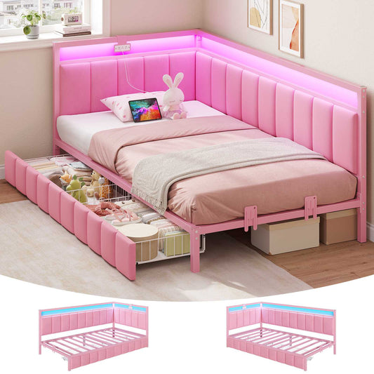 DICTAC | Corner Bed Frame with Storage Drawers, LED Lights & Charging Station, Upholstered Daybed (Pink)