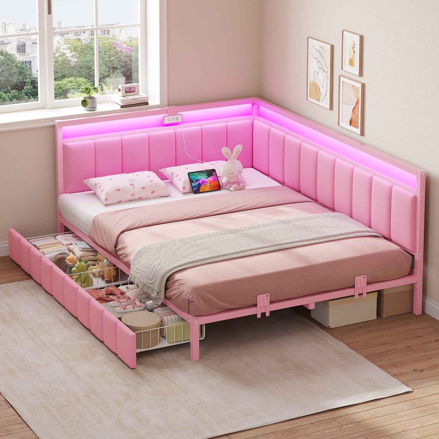 DICTAC | Corner Bed Frame with Storage Drawers, LED Lights & Charging Station, Upholstered Daybed (Pink)