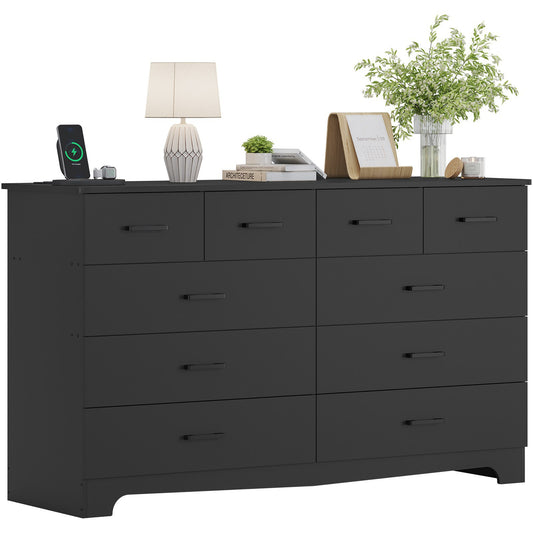 DICTAC 55.1" Wide Dresser with 10 Drawers & Charging Station, Large Storage Chest of Drawers, Long TV Stand Dresser for Bedroom & Living Room (Black/White)