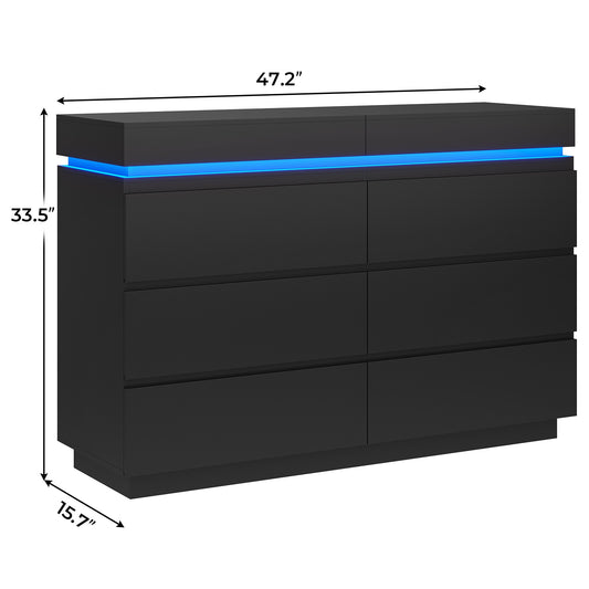 DICTAC | 6 Drawer Dresser with Sliding Top, LED Lights & Charging Station, Wide Black Storage Dresser for Bedroom