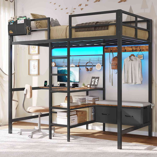 DICTAC | Twin Loft Bed with L-Shaped Desk, Storage Shelves, Coat Rack & Charging Station, LED Metal Loft Bed