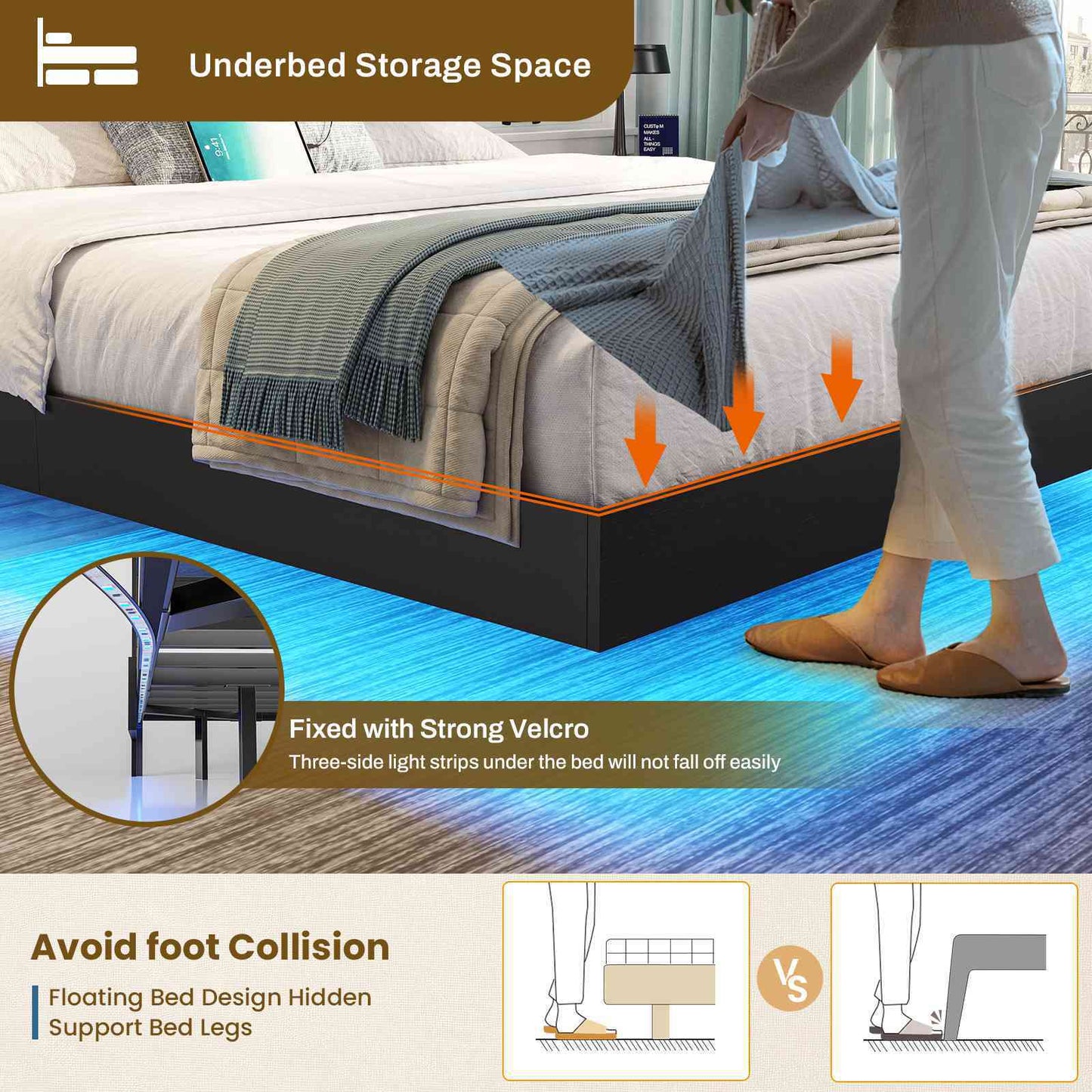 DICTAC | Queen Floating Bed Frame with LED Lights, Storage Headboard & Charging Station, Modern Metal Platform Bed, Black