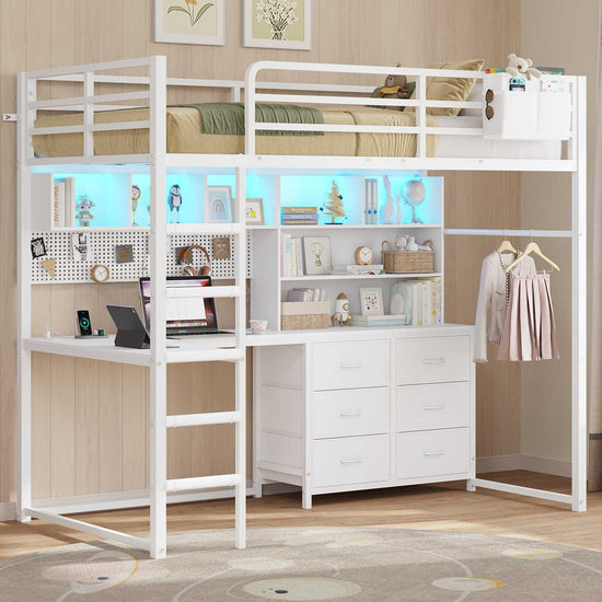 DICTAC | Loft Bed with L-Shaped Desk, Storage Drawers, Shelves & Charging Station, LED Metal Loft Bed (Twin/Full, White)