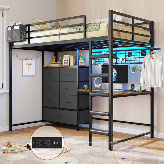 DICTAC | Full Loft Bed with L-Shaped Desk, 7 Storage Drawers, LED Lights & Charging Station, Metal Loft Bed for Teens (Black)