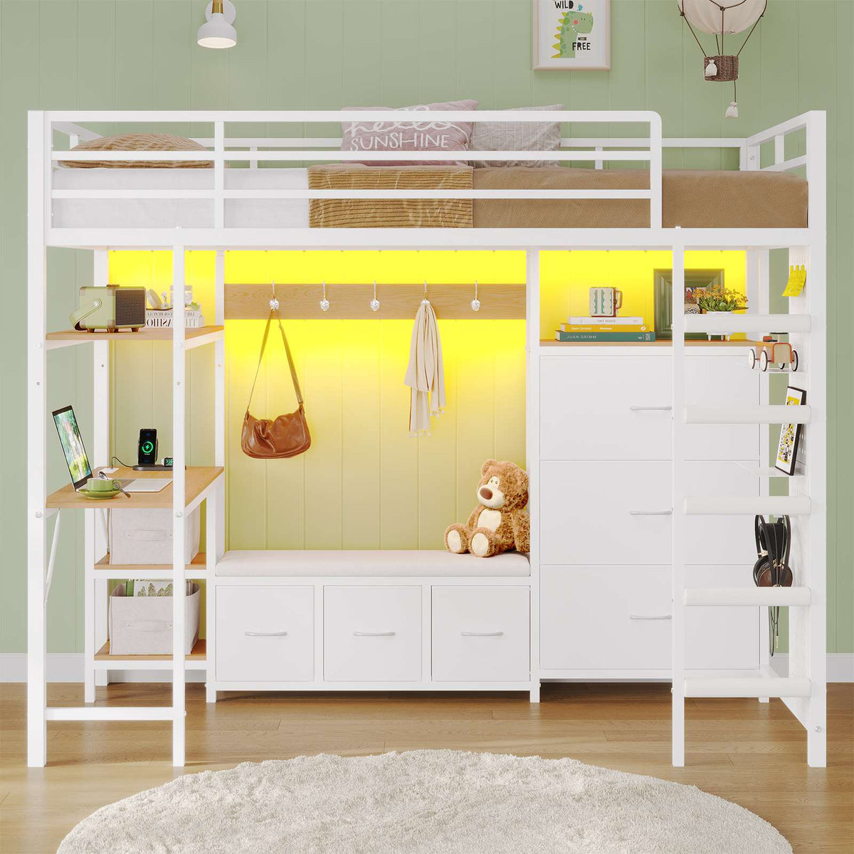 DICTAC | Twin Loft Bed with Desk, 6 Storage Drawers, Coat Rack, LED Lights & Charging Station, Metal Loft Bed with Shelves & Pegboard (Black)