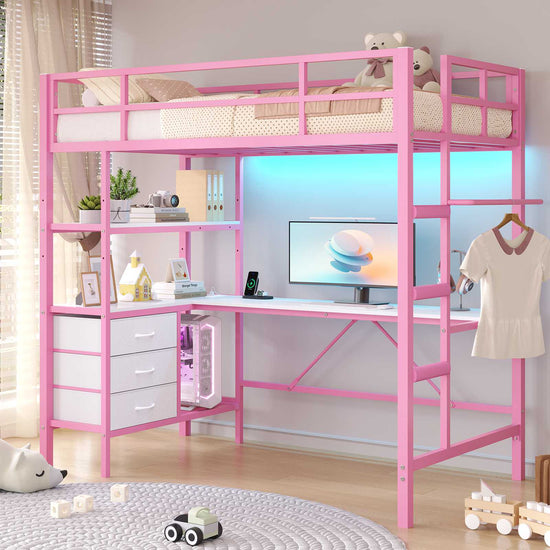 DICTAC | Loft Bed with L-Shaped Desk, Charging Station, LED Lights, Storage Shelves & Drawers - Pink