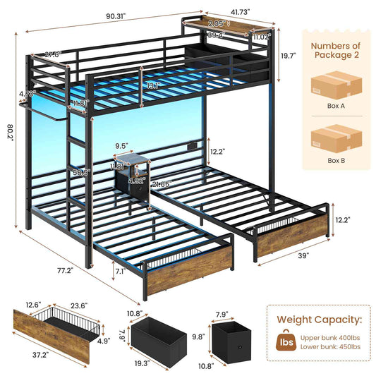 DICTAC | Triple Bunk Bed Twin Over Twin for Kids, 3 Beds with Storage Drawers, Shelves & Charging Station, LED Metal Bunk Bed with Guardrails & Ladder, Space-Saving Design (Black/White)