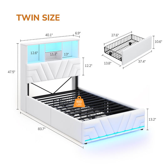 DICTAC | Gaming Bed with 4 Drawers, Storage Headboard, Charging Station & RGB LED Lights - White