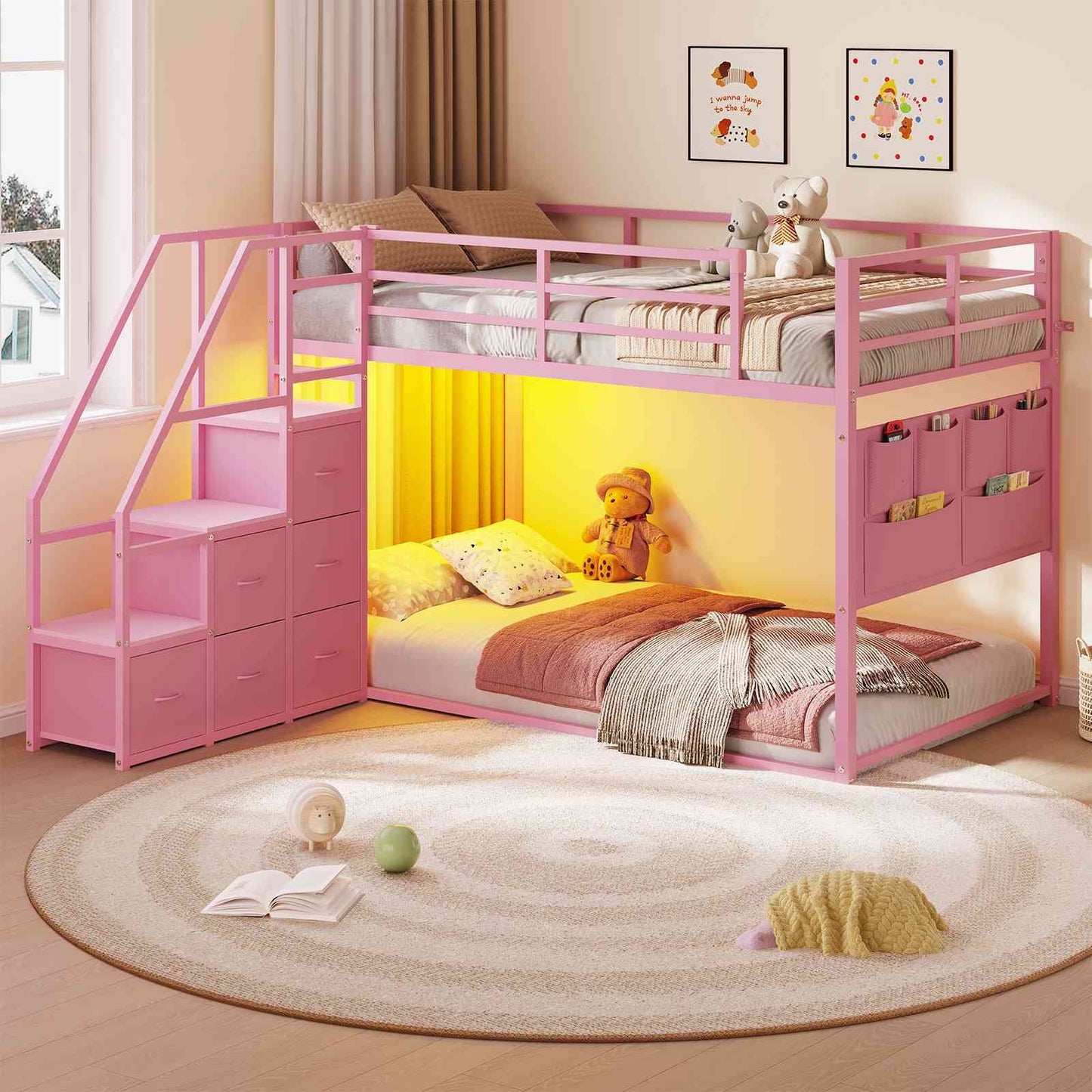 DICTAC | Twin Over Twin Low Bunk Bed with Storage Stairs, LED Lights & 6 Drawers for Kids, Black/White/Pink
