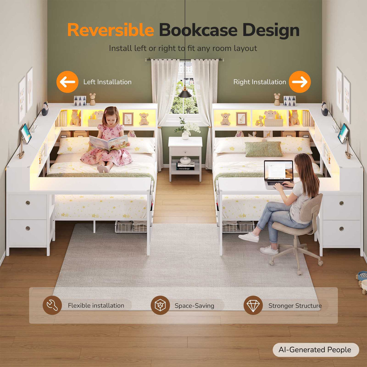 DICTAC | Twin Corner Bed Frame with Desk, Storage Drawers, LED Lights & Charging Station, Bookcase Daybed for Girls