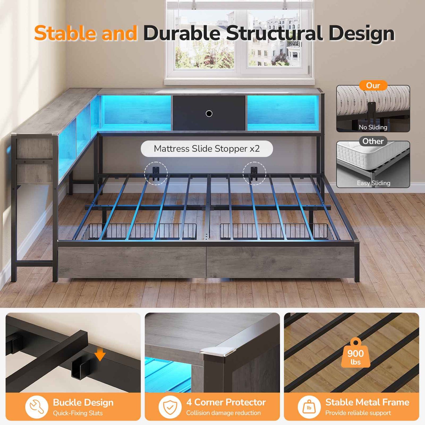 DICTAC | Corner Bed Frame with Storage, Bookcase Headboard, LED Lights & Charging Station – Metal Daybed with Drawers for Kids & Teens (Oak Gray)