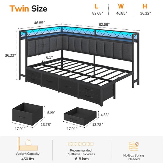 DICTAC | Corner Bed Frame with 6 Storage Drawers, Upholstered Guardrail, Charging Station, Storage Shelves & LED Lights, Modern Platform Daybed for Kids, Teens & Adults, Grey