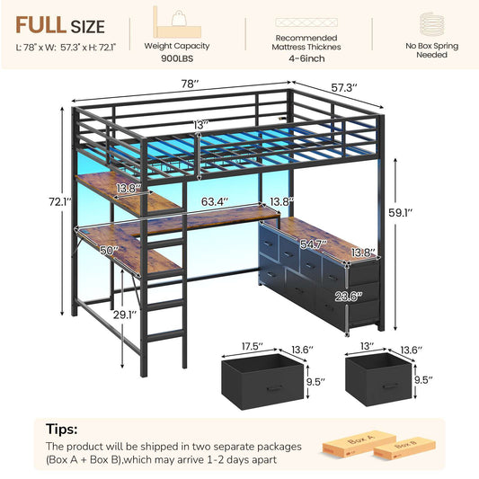 DICTAC | Full Loft Bed with U-Shaped Desk, 7 Storage Drawers, LED Lights & Charging Station, Metal Loft Bed with Shelves (White/Black)