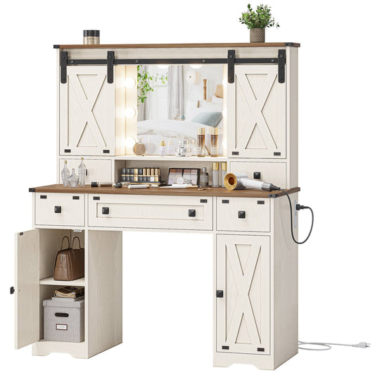 DICTAC | Farmhouse Makeup Vanity Desk with Lighted Mirror, Sliding Barn Door Storage, Charging Station & 5 Drawers, White Vanity Table with Adjustable Lights for Bedroom