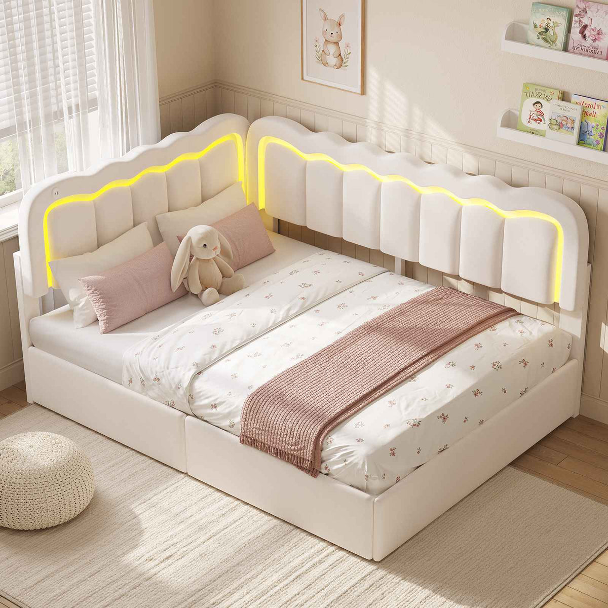 DICTAC | Corner Bed Frame with Storage Drawers, LED Lights & Charging Station, Upholstered Daybed with Adjustable Wavy Headboard - Beige
