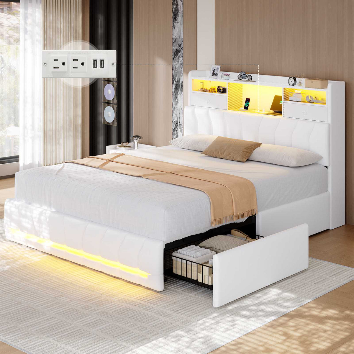 DICTAC | Twin Gaming Bed Frame with Storage Headboard, RGB Lights, Charging Station & Drawers, Upholstered Platform Bed, White