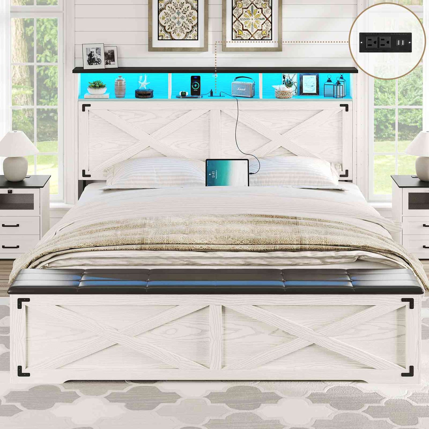 DICTAC | Farmhouse Bed Frame with Storage Headboard, LED Lights & Charging Station, Metal Platform Bed with Storage Ottoman for Kids & Teens, Antique White