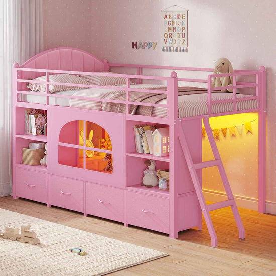 DICTAC | Twin Low Loft Bed with Storage Drawers, Bookshelf & LED Lights - Pink