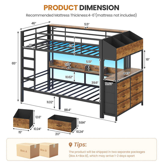 DICTAC | Twin Over Twin Bunk Bed with 6 Storage Drawers, LED Lights & Charging Station, Metal Kids Bunk Bed with Side Bookcase, Storage Boxes & Safety Guardrail, Black/White