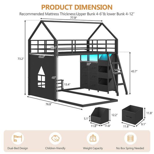 DICTAC | Twin Over Twin House Bunk Bed with Storage Drawers, Bins & RGB LED Lights - Black