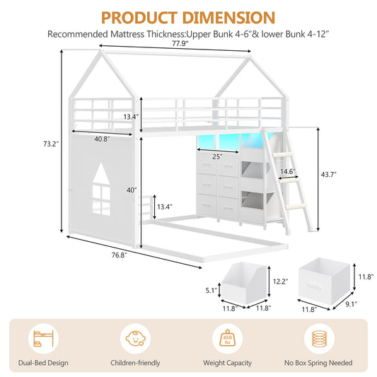 DICTAC | Twin Over Twin House Bunk Bed with Storage Drawers, Bins & RGB LED Lights - White