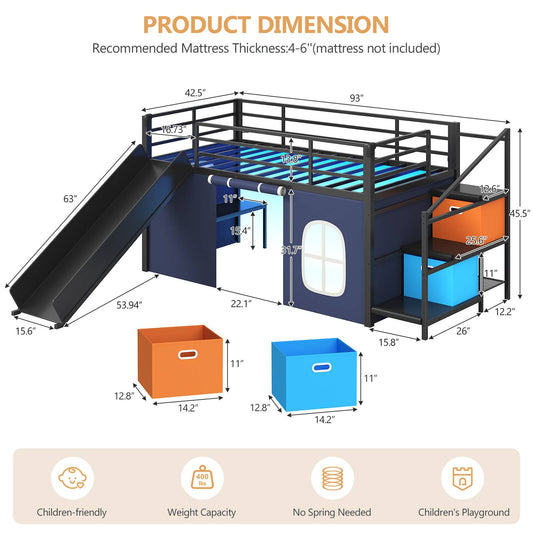 DICTAC | Kids Low Loft Bed with Slide, Storage Stairs, Art Table, Play Curtain & LED Lights