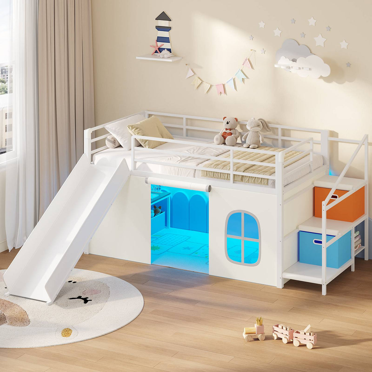 DICTAC | Kids Low Loft Bed with Slide, Storage Stairs, Art Table, Play Curtain & LED Lights