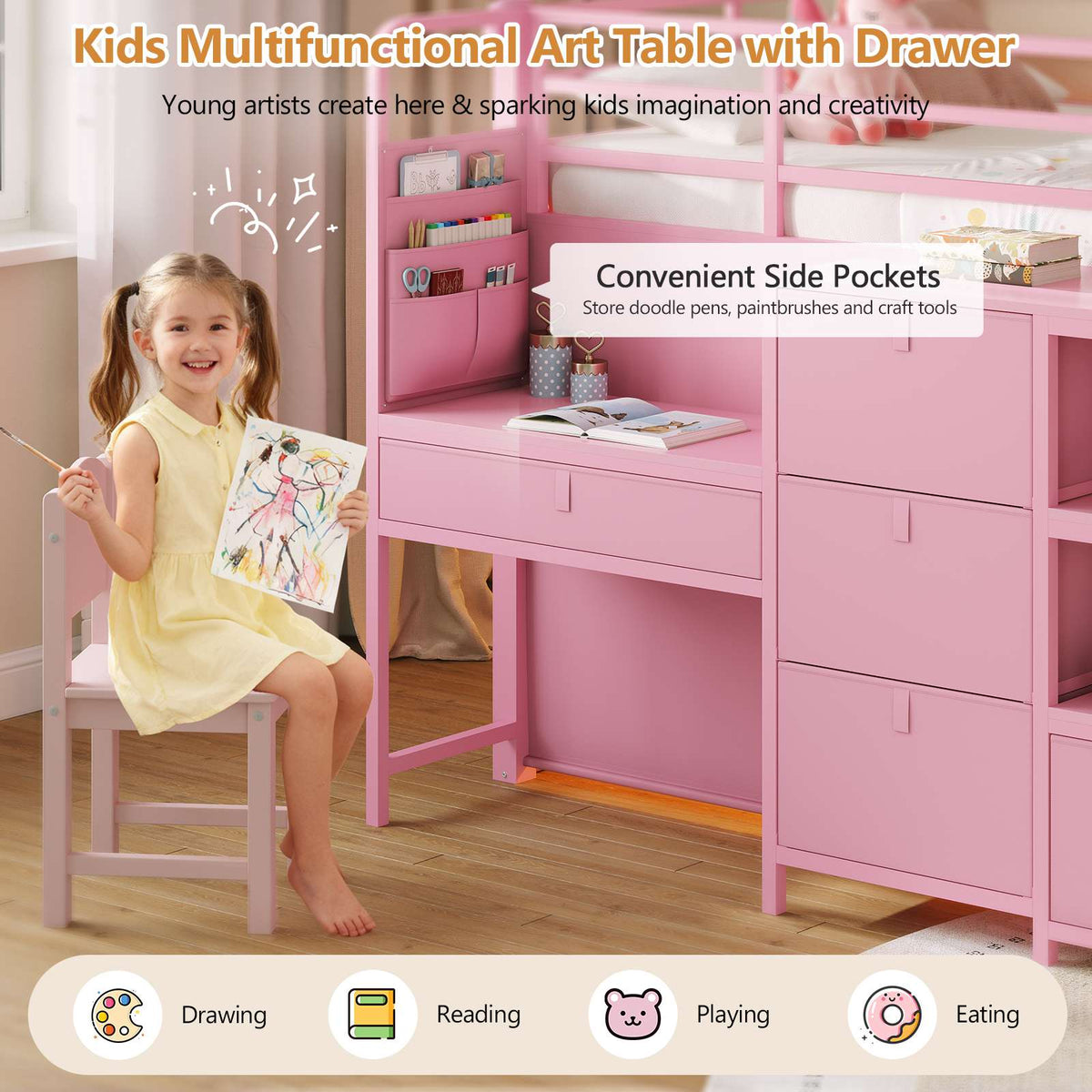 DICTAC | Twin Low Loft Bed for Kids with Desk, Storage Drawers, Bookshelf & Play Tent, LED Lights, Metal Loft Bed with Guardrail (Blue & Black)