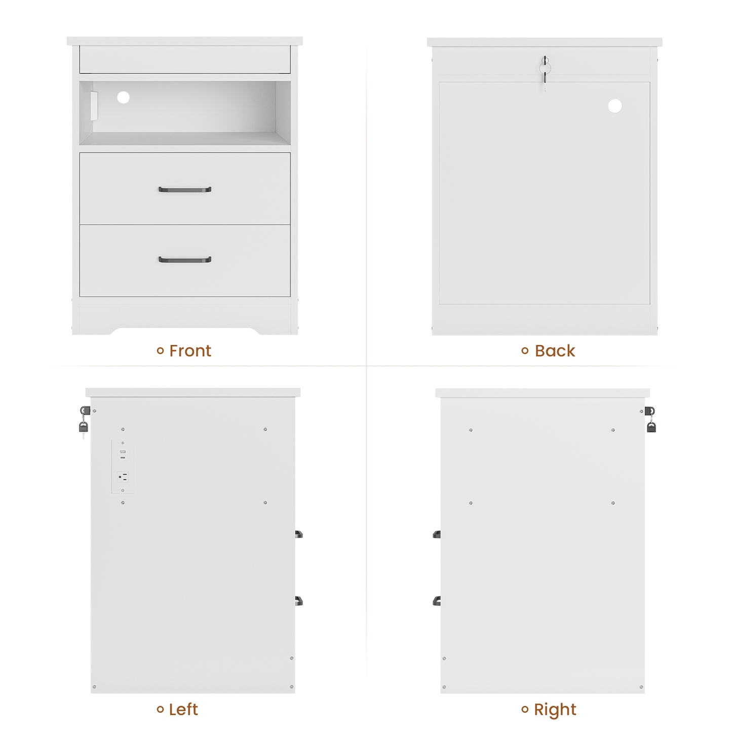 DICTAC | Modern Nightstand with Charging Station, RGB LED Lights, Lockable Sliding Drawer, Storage Drawers & Open Shelf, white