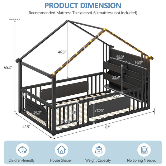 DICTAC | Twin Montessori Floor Bed with Bookshelf, Safety Guardrails & House Frame Design for Kids, Black/White/Pink