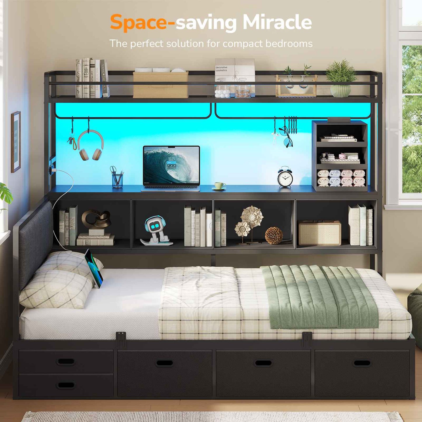 DICTAC | Twin Corner Bed Frame with Tall Storage Bookshelf & 5 Drawers – Metal Platform Bed with LED Lights and Charging Station for Kids & Teens, black
