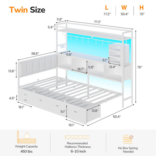 DICTAC | Twin Corner Bed Frame with Tall Storage Bookshelf & 5 Drawers – Metal Platform Bed with LED Lights and Charging Station for Kids & Teens, white