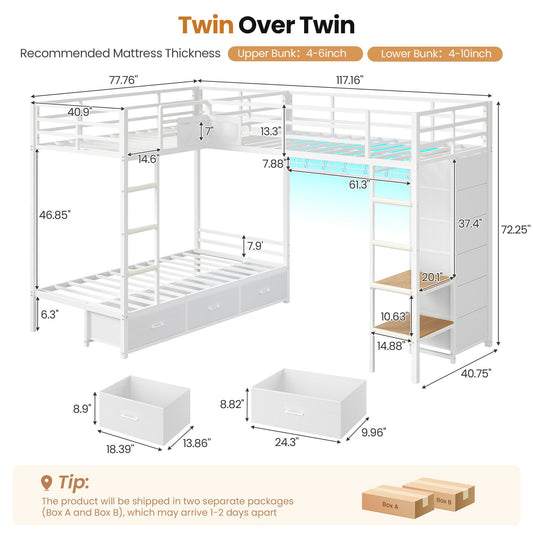 DICTAC | L-Shaped Triple Bunk Bed with Storage Drawers, Open Shelves, RGB LED Lights & Dual Ladders - White