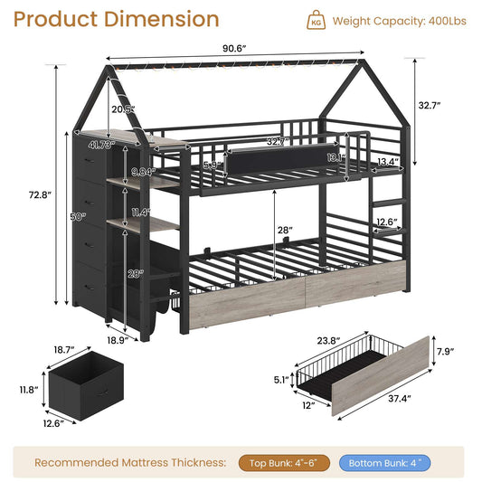 DICTAC | Twin Over Twin House Bunk Bed with Storage Drawers, Montessori Bookshelf & Globe String Lights, Metal Low Bunk Bed for Kids with Guardrail & Ladder, Black/White/Pink