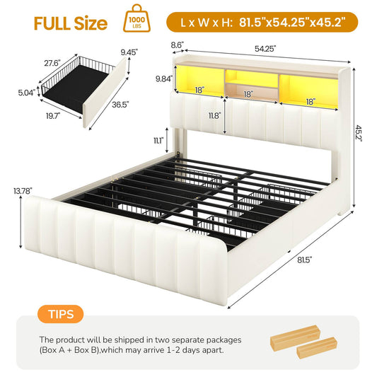 DICTAC | Bed Frame with 4 Storage Drawers, Headboard, Charging Station & RGB LED Lights - White