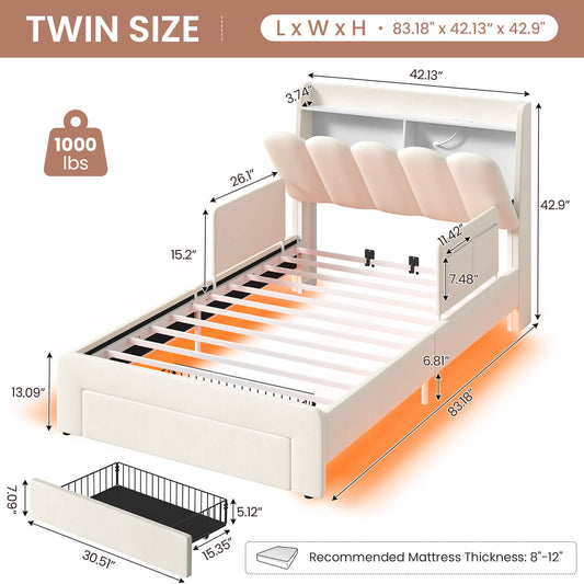DICTAC Twin/Full LED Bed Frame with Storage Drawer, Wavy Velvet Upholstered Kids Bed with Safety Guardrails, Charging Station & RGB Lights, Beige