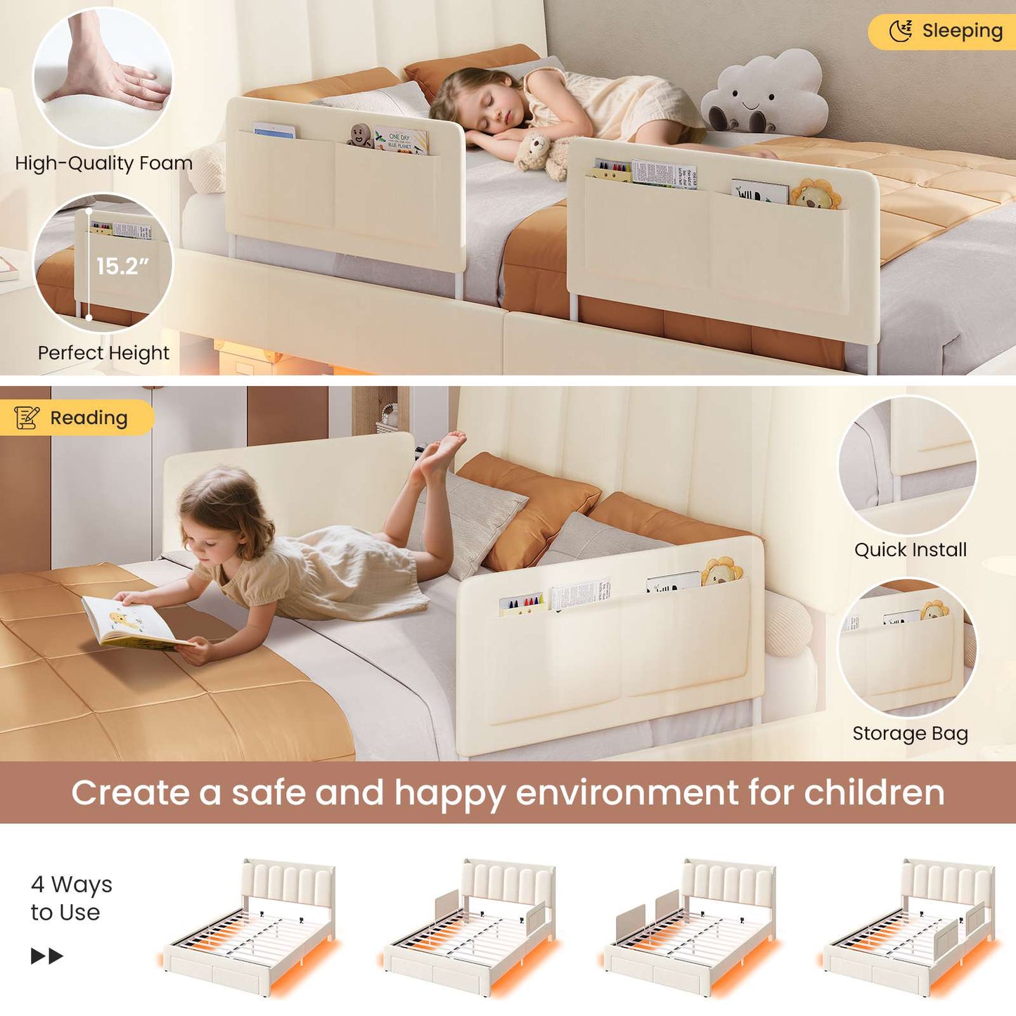 DICTAC Twin/Full LED Bed Frame with Storage Drawer, Wavy Velvet Upholstered Kids Bed with Safety Guardrails, Charging Station & RGB Lights, Beige
