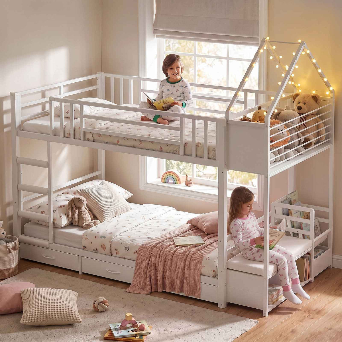DICTAC | Twin Over Twin Bunk Bed with 4 Storage Drawers, Bookshelf, Reading Nook & LED Lights