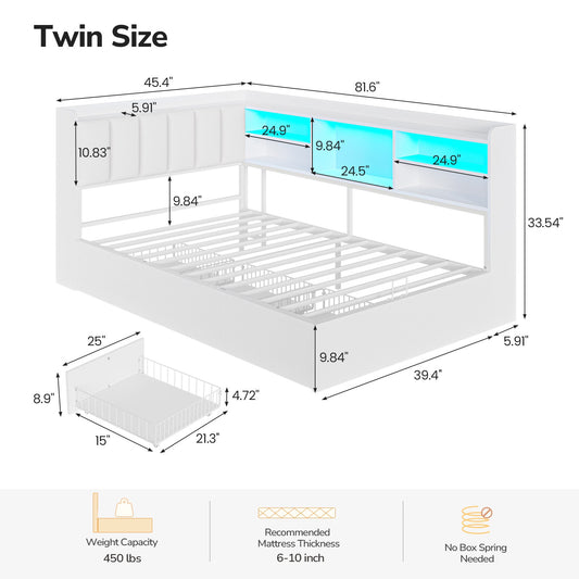 DICTAC | Corner Bed with 3 Drawers, Bookcase, LED Lights & Charging Station, Hidden Headboard Storage, White