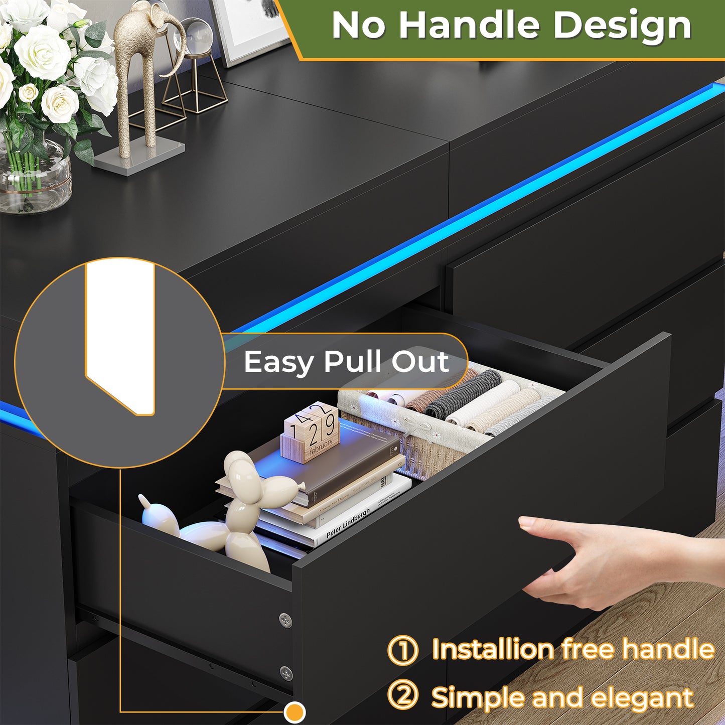 DICTAC | 6 Drawer Dresser with Sliding Top, LED Lights & Charging Station, Wide Black Storage Dresser for Bedroom