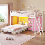 DICTAC | Twin Over Twin Low Bunk Bed with Storage Drawers, Toy Bins & RGB LED Lights, Black/White