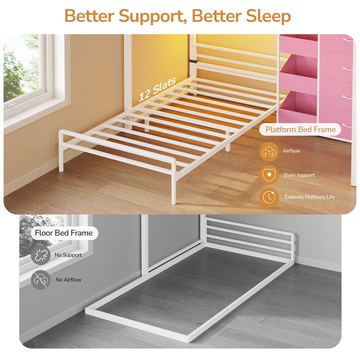 DICTAC Twin Over Twin Low Bunk Bed with Storage Drawers, Toy Bins & RGB LED Lights, Modular Metal Kids Bunk Bed with Safety Guardrail & Ladder, Black/White