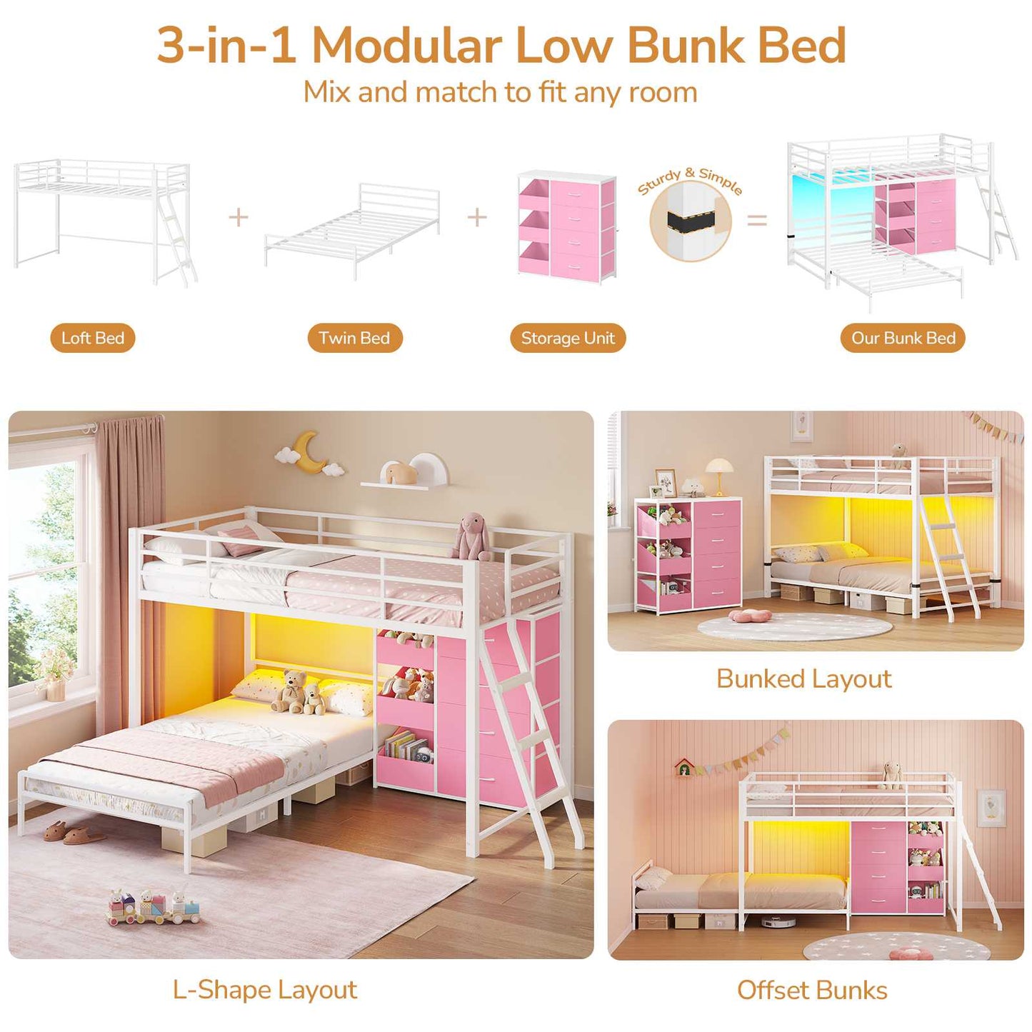 DICTAC Twin Over Twin Low Bunk Bed with Storage Drawers, Toy Bins & RGB LED Lights, Modular Metal Kids Bunk Bed with Safety Guardrail & Ladder, Black/White