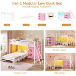 DICTAC | Twin Over Twin Low Bunk Bed with Storage Drawers, Toy Bins & RGB LED Lights, Black/White