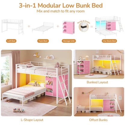 DICTAC Twin Over Twin Low Bunk Bed with Storage Drawers, Toy Bins & RGB LED Lights, Modular Metal Kids Bunk Bed with Safety Guardrail & Ladder, Black/White