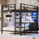 DICTAC | Full Over Twin Bunk Bed with Desk, Storage Drawers, LED Lights & Charging Station, Metal Bunk Bed with Stairs (Black)